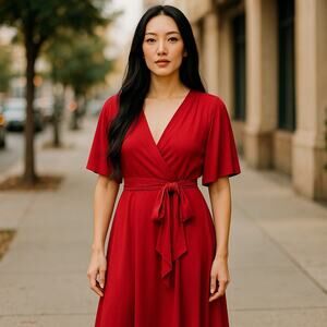 Roulette V-Neck Kimono Style Wrap Fit and Flare Red Dress Size M 6-10